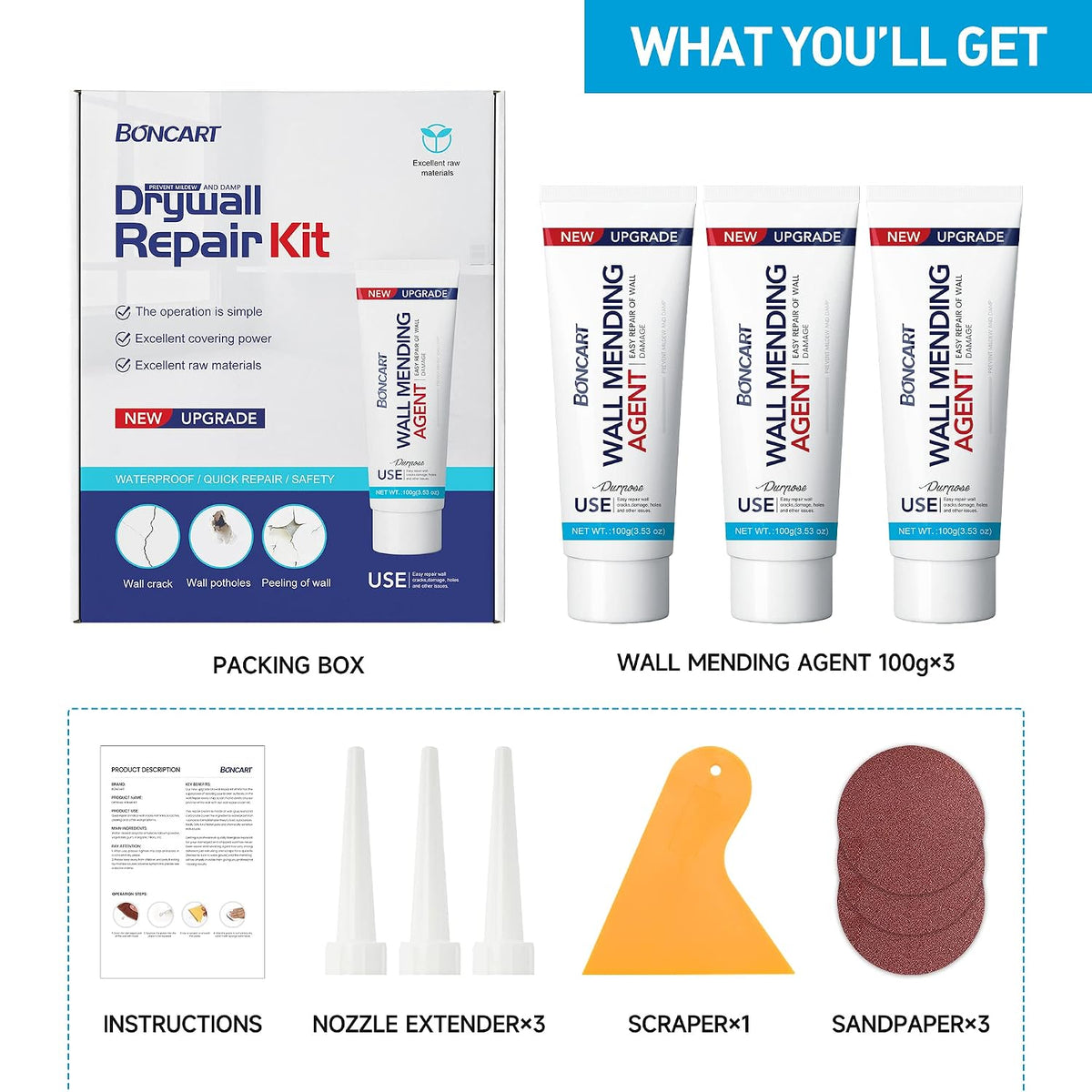 BONCART Spackle wall Repair Kit, 3-Pack Mending Agent Putty with Tools