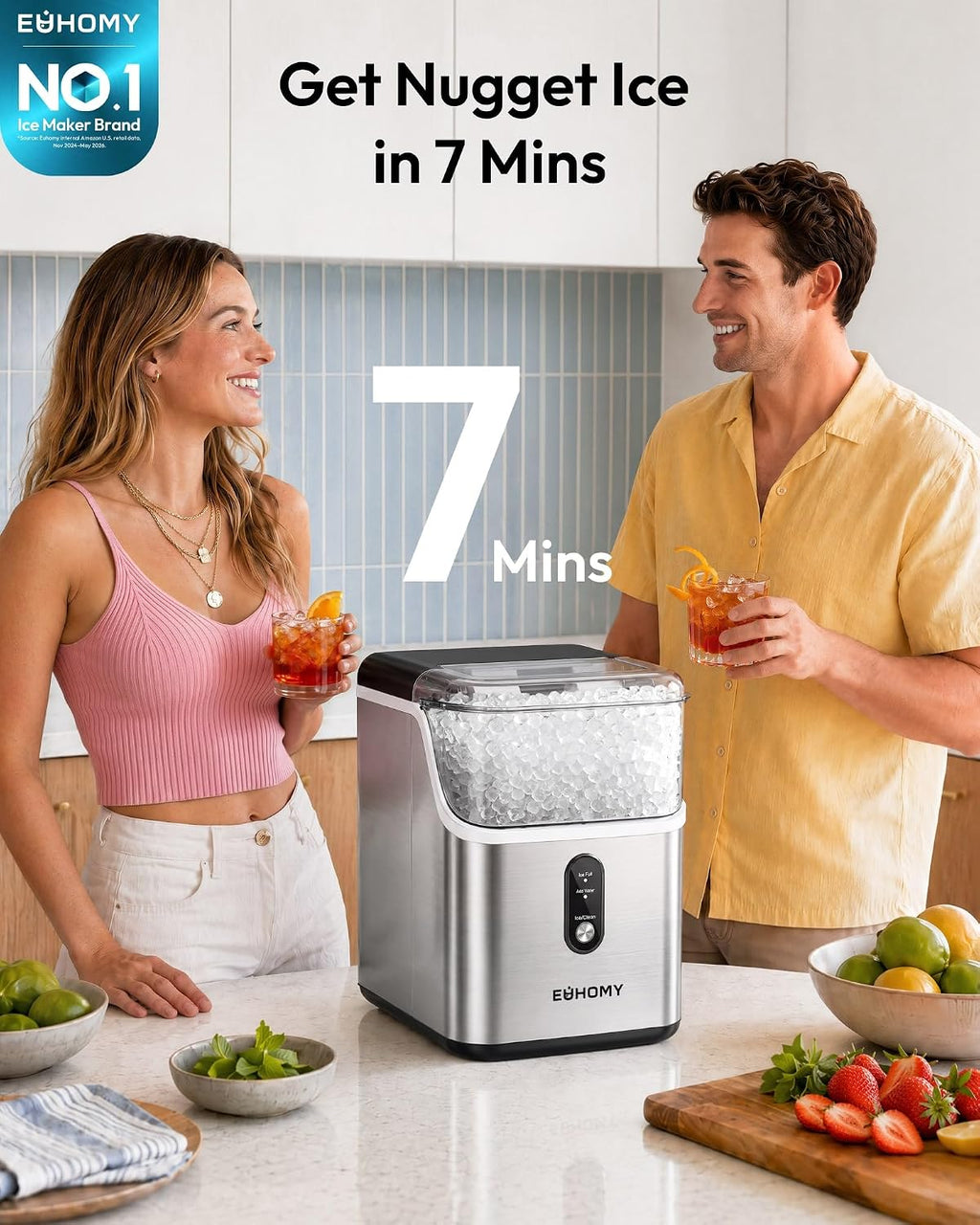 EUHOMY Nugget Ice Maker Countertop, 35lbs/24H, Ready in 7 Mins, Stainless