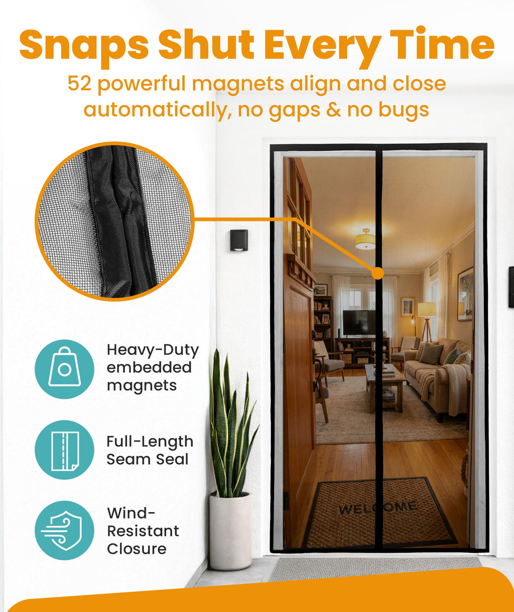 Flux Phenom Magnetic Screen Door (White) - Bugs Out, Breeze in - 9min Install Auto-Sealing Heavy Duty Double Stitched Mesh, 52 Magnets, Hands Free Patio Doors Net, Pet & Kid Friendly, 38 x 82 Inch