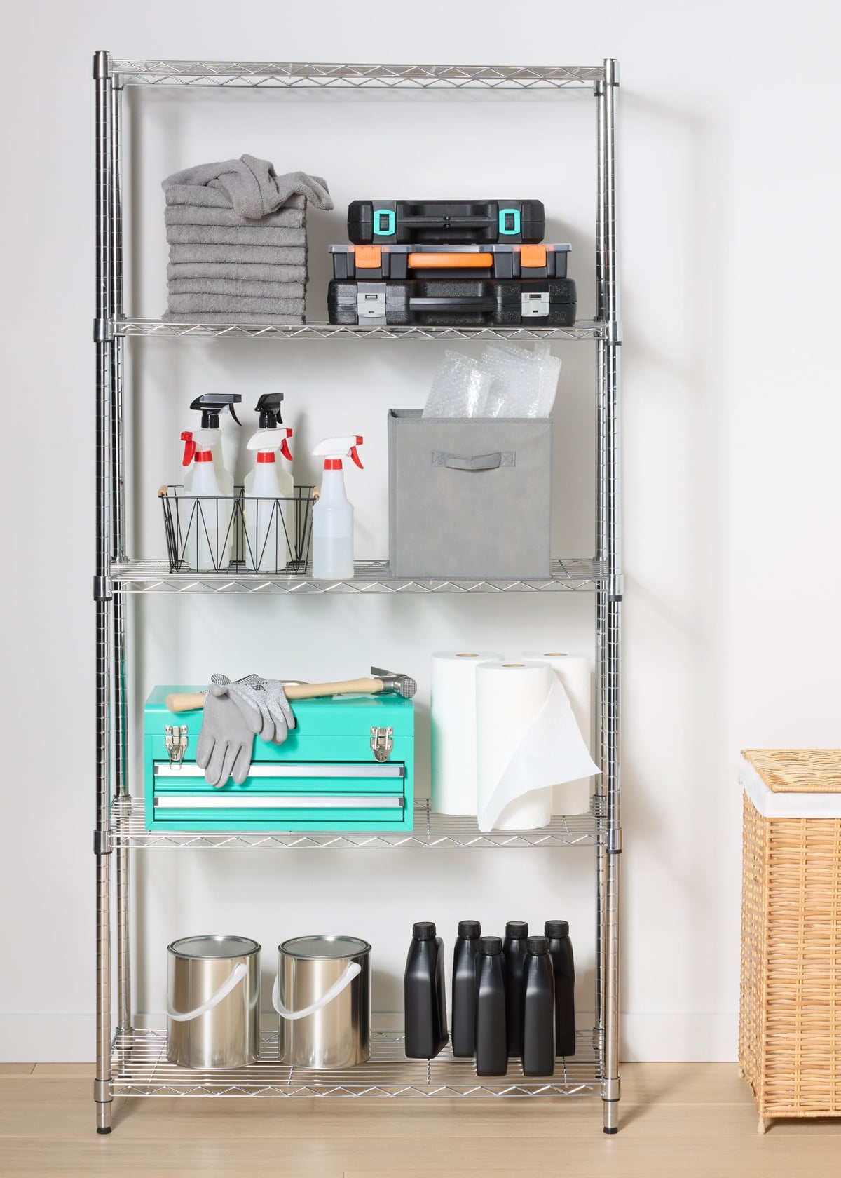 Amazon Basics 5-Shelf Tower Adjustable Storage Shelving Unit, Chrome, 16" x 16" x 54", 150 lbs Per Shelf