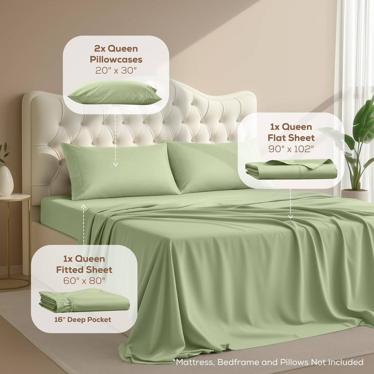 Queen Sheet Set, 4 Pieces 16" Deep Pocket Hotel Luxury Sheets, Heather Sage