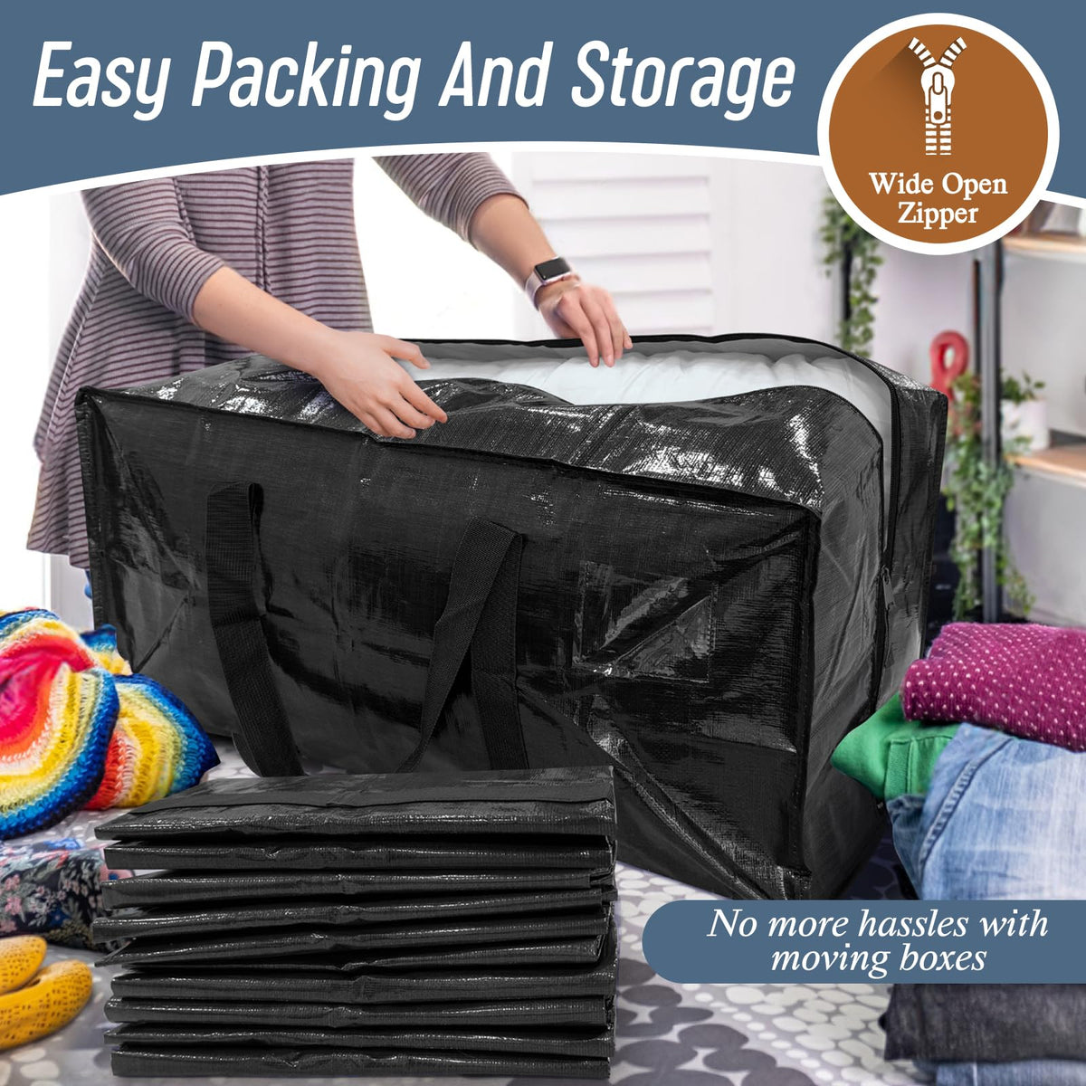6 Pack Extra Heavy Duty Large Moving Bags with Strong Zipper, Dark Blue