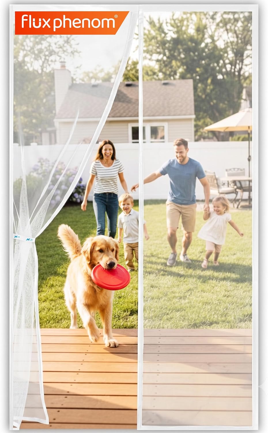 Flux Phenom Magnetic Screen Door (White) - Bugs Out, Breeze in - 9min Install Auto-Sealing Heavy Duty Double Stitched Mesh, 52 Magnets, Hands Free Patio Doors Net, Pet & Kid Friendly, 38 x 82 Inch