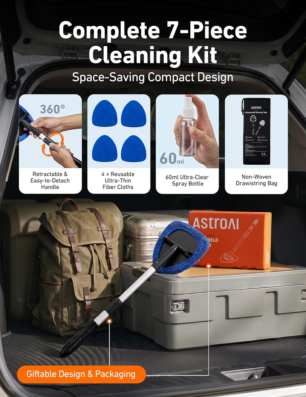 AstroAI Windshield Cleaner Tool & Car Interior Detailing Kit, Blue, 21 in