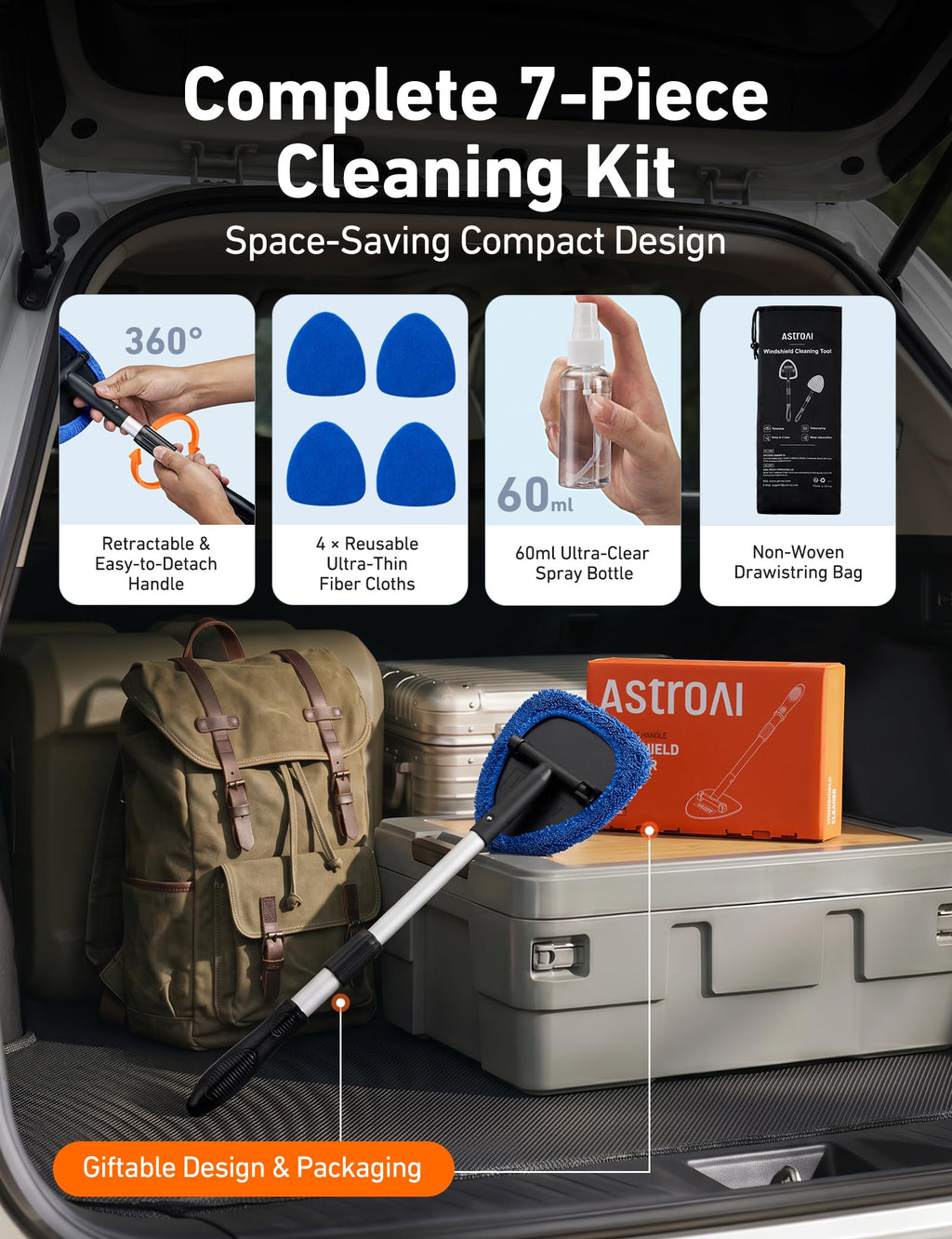 AstroAI Windshield Cleaner Tool & Car Interior Detailing Kit, Blue, 26 in