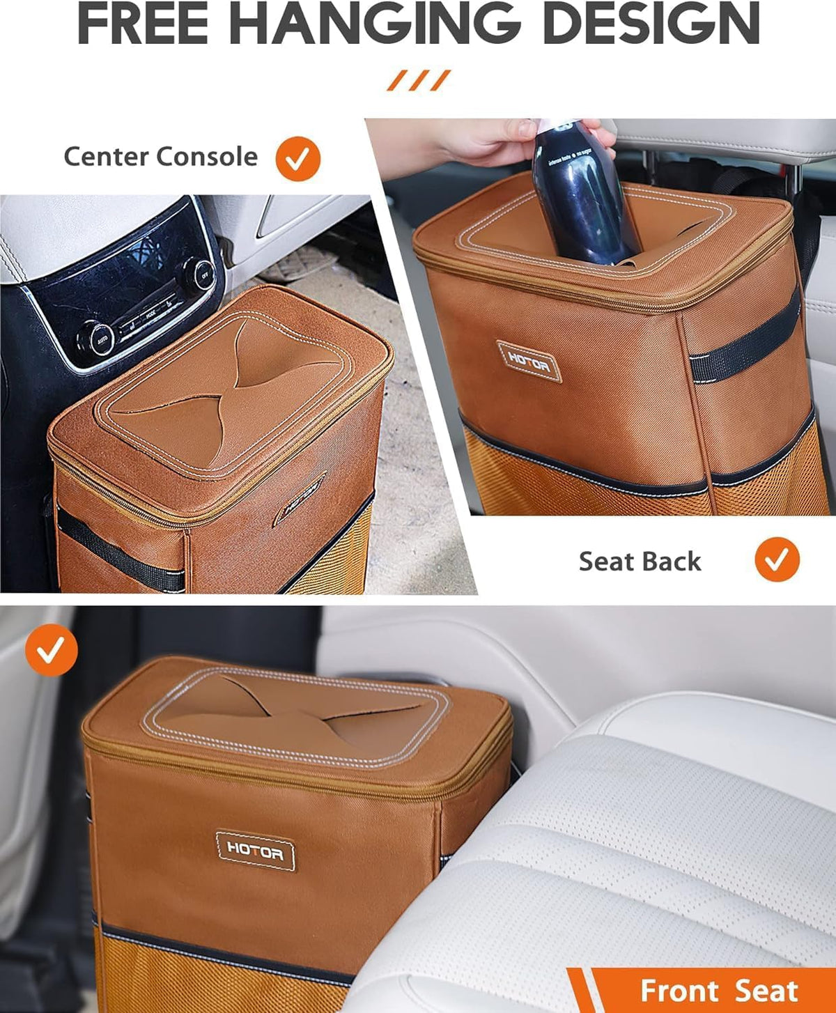 HOTOR Car Trash Can, Leakproof Car Organizer, 2-Gallon, Brown
