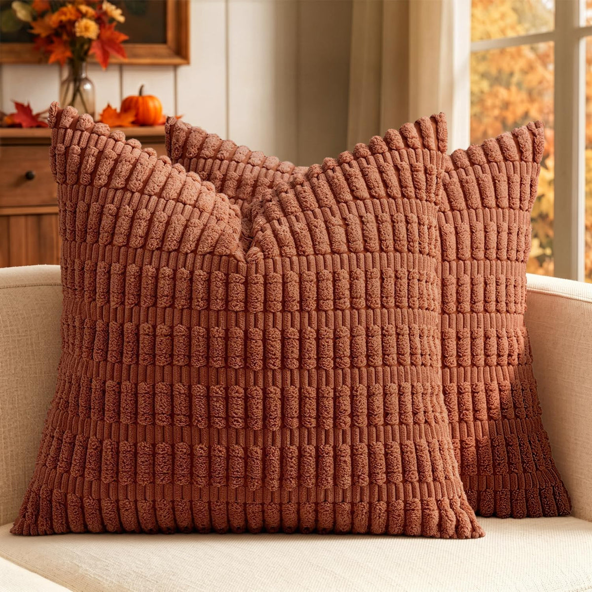 MIULEE Corduroy Decorative Throw Pillow Covers 18x18 Light Brown Pack of 2