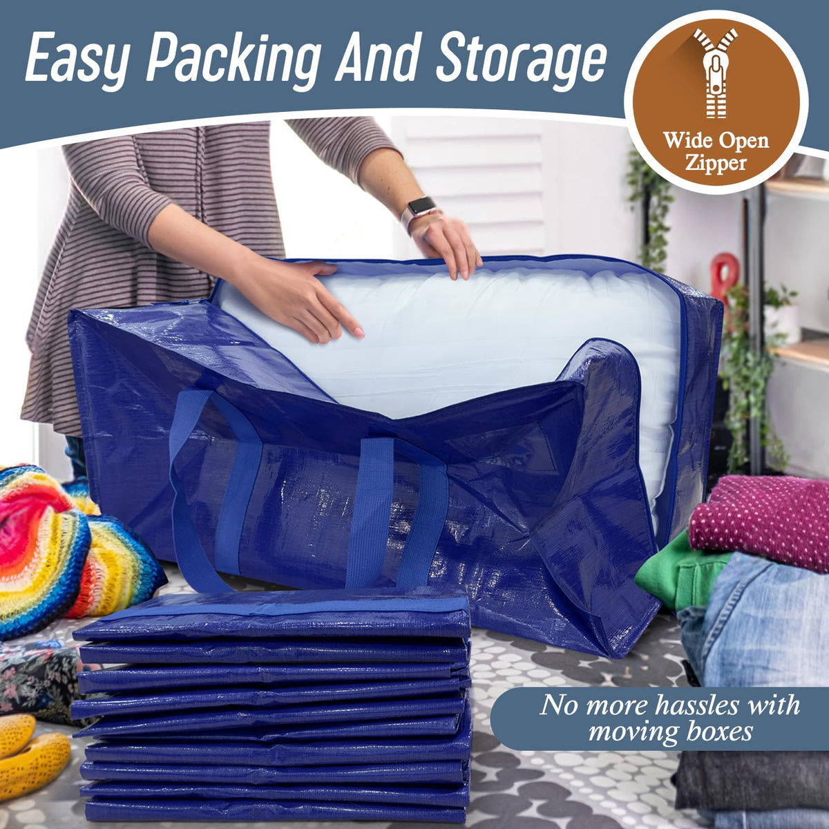 6 Pack Extra Heavy Duty Large Moving Bags with Strong Zipper, Dark Blue