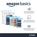 Amazon Basics Vacuum Storage Bags for Clothes, Space Saving Compression Storage Bags with Hand Pump, Heavy Duty, Stackable, Jumbo Size, Clear, 6-Pack