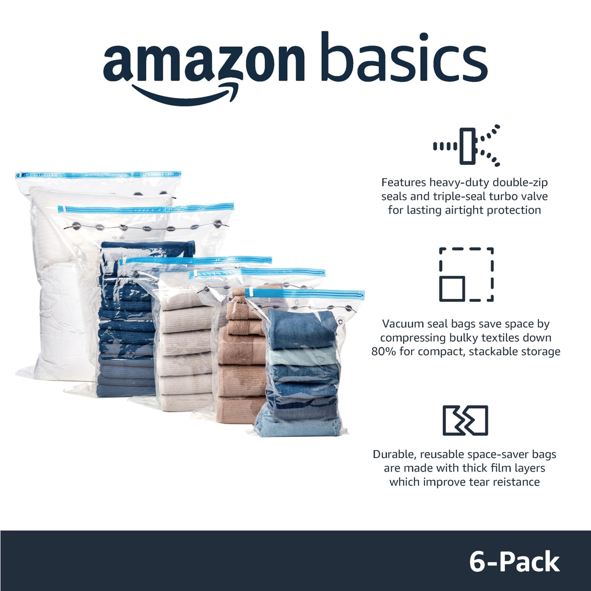 Amazon Basics Vacuum Storage Bags for Clothes, Space Saving Compression Storage Bags with Hand Pump, Heavy Duty, Stackable, Jumbo Size, Clear, 6-Pack