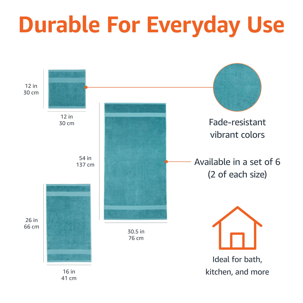 Amazon Basics Fade-Resistant 100% Cotton Bath Towel, 30"x54", Teal Green, 2-Pack