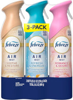 Febreze Air Mist, Air Freshener, Odor Fighting Room Spray, Deodorizer for Home Bathroom Kitchen Office Apartment, Soothe & Restore, Refresh & Energize, Romance & Desire Variety Pack, 8.1oz (Pack of 3)