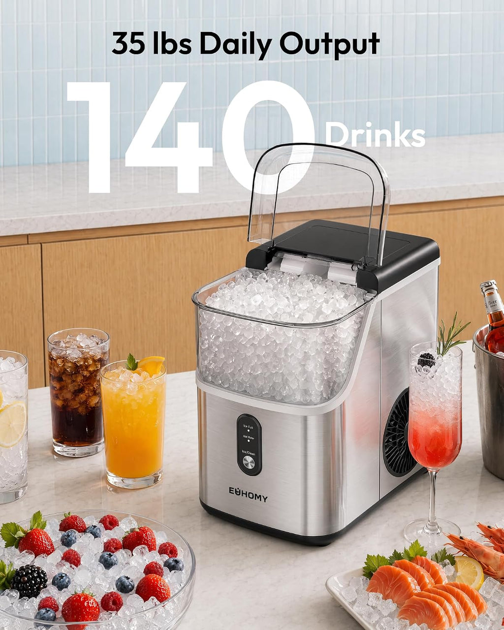EUHOMY Nugget Ice Maker Countertop, 35lbs/24H, Ready in 7 Mins, Stainless