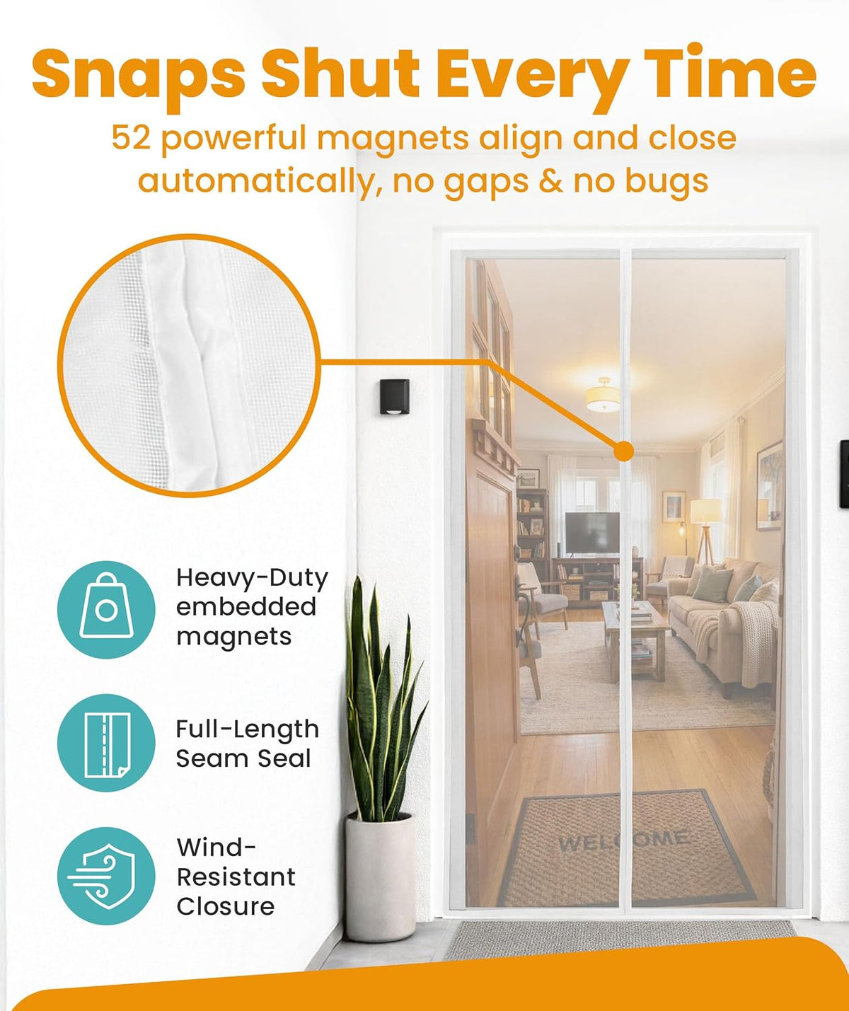 Flux Phenom Magnetic Screen Door (White) - Bugs Out, Breeze in - 9min Install Auto-Sealing Heavy Duty Double Stitched Mesh, 52 Magnets, Hands Free Patio Doors Net, Pet & Kid Friendly, 38 x 82 Inch