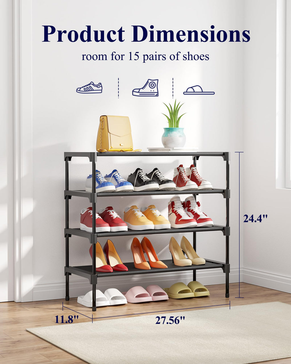 Kitsure Shoe Rack - Non-Woven Shoe Rack Shelf, Shoe Organizer for Closet, Entryway, Garage & Corridor, Stackable Shoe Shelves, 27.5" Wide - 2 Tier, Black