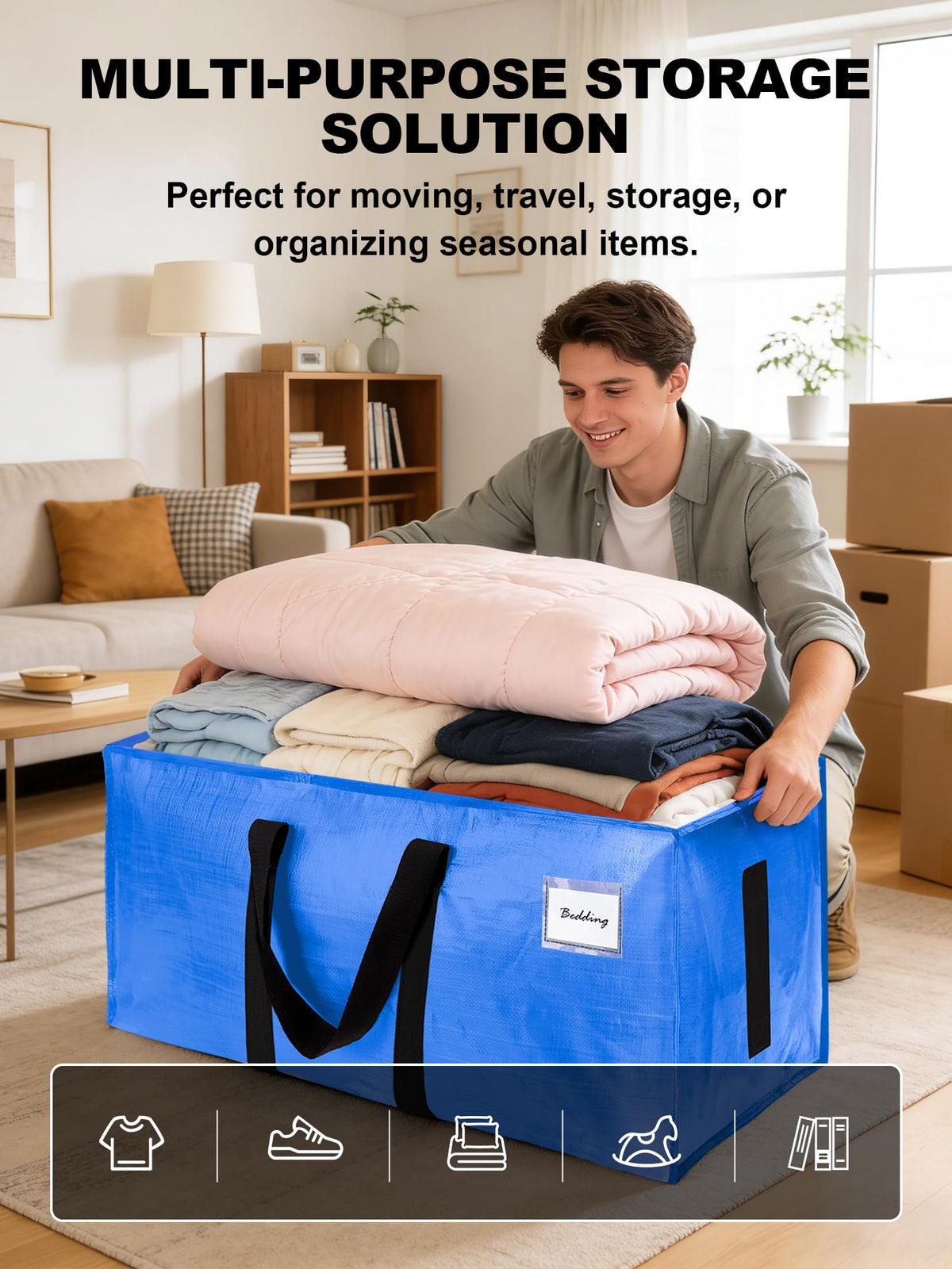 HOMESURE Supports 200lbs Heavy Duty Moving Bags - Strong Zipper & Wrap-Around Handles - Water-Resistant Storage Totes, Durable Alternative to Moving Boxes - 4 Pack - Semi-Transparent