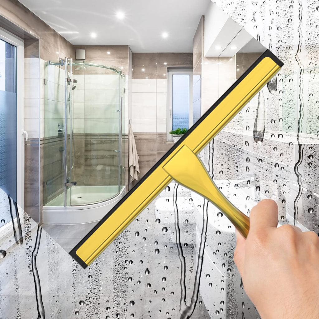 All-Purpose Stainless Steel Shower Squeegee for Shower Glass Door with 2 Adhesive Hooks, Bathroom Cleaner Tool Household Window Mirror Squeegee for Glass Doors, Cleaning Tile Wall, Car, 14 Inch Silver