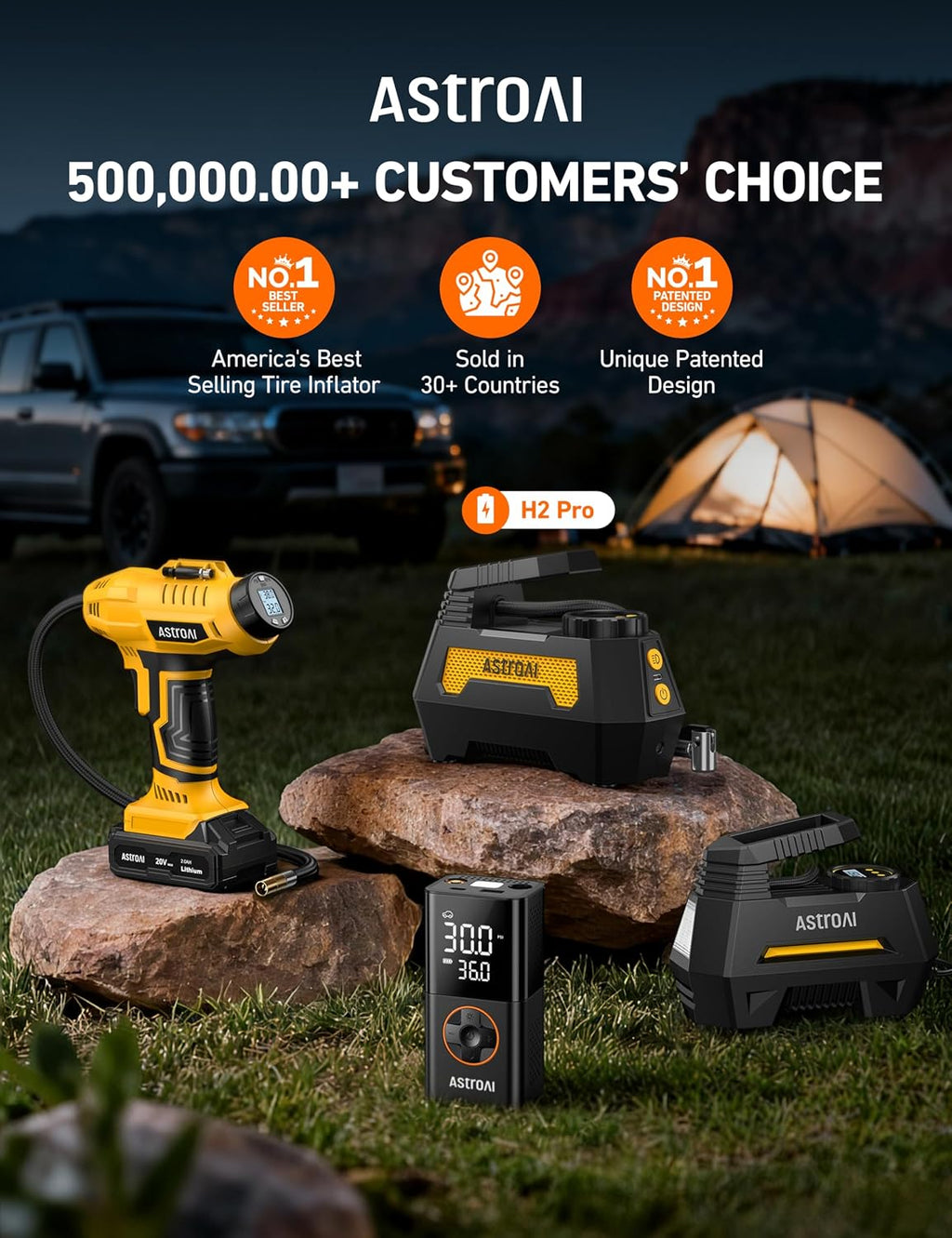 AstroAI H2 Pro Cordless Tire Inflator Portable Air Compressor 12VDC Battery