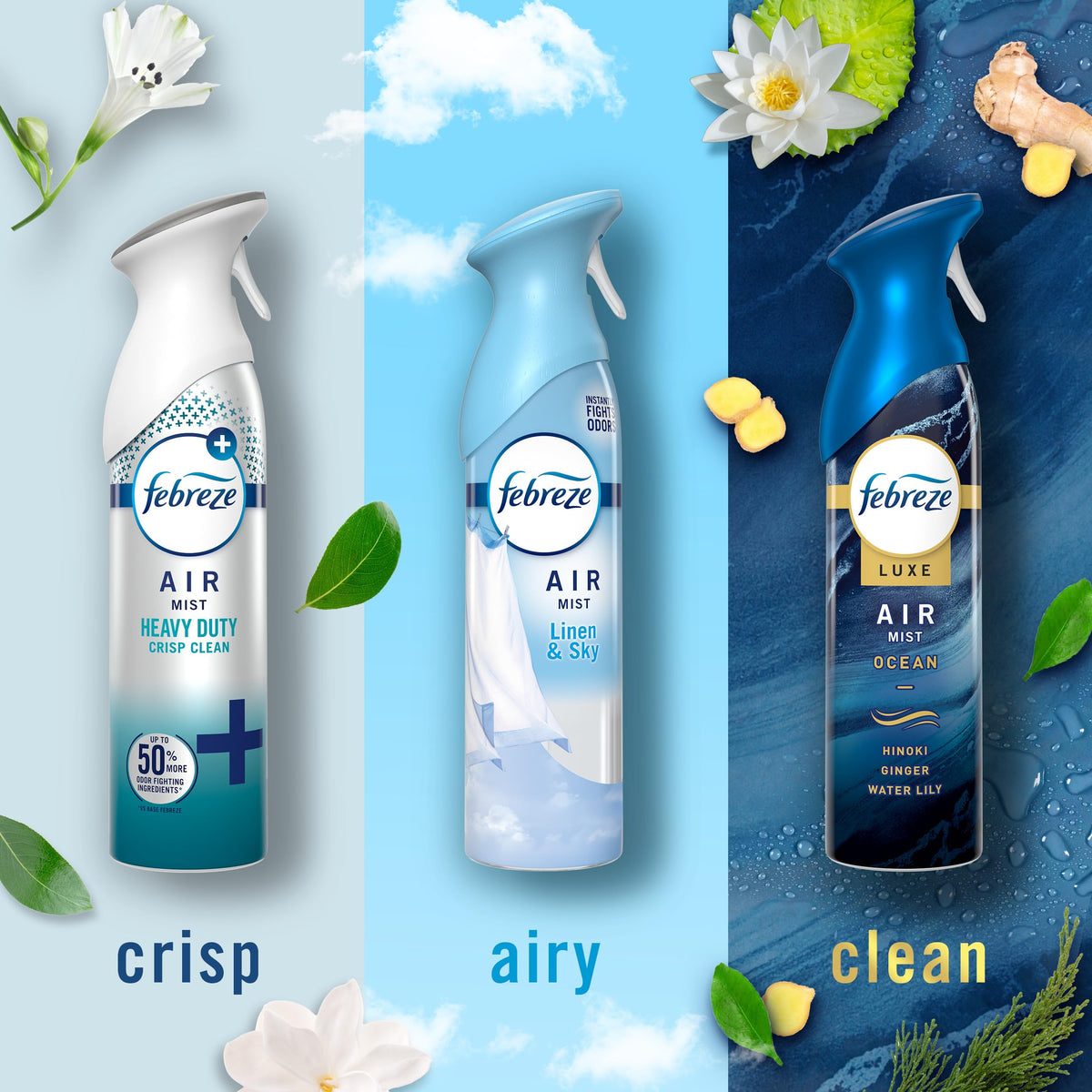 Febreze Air Mist, Air Freshener, Odor Fighting Room Spray, Deodorizer for Home Bathroom Kitchen Office Apartment, Soothe & Restore, Refresh & Energize, Romance & Desire Variety Pack, 8.1oz (Pack of 3)