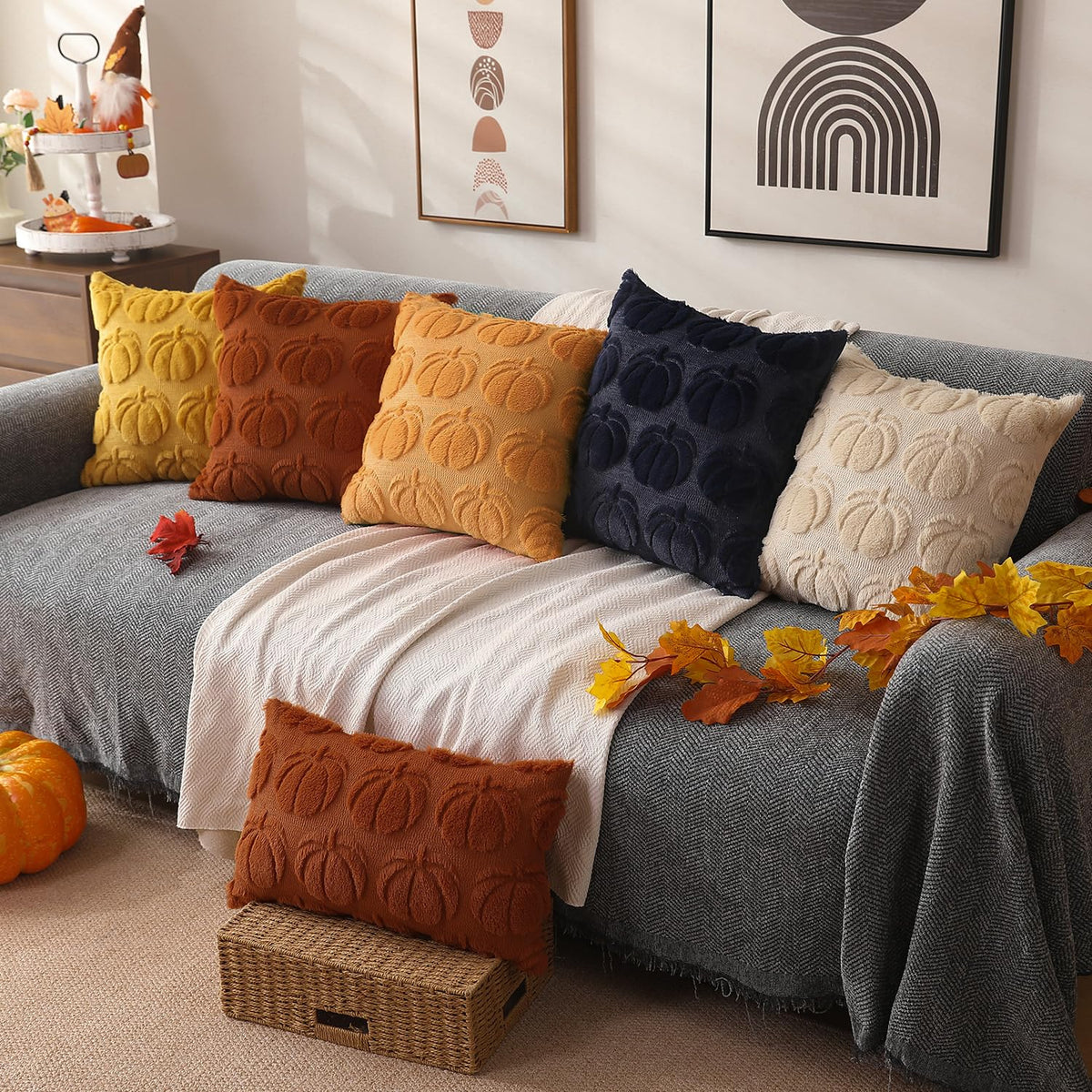 DFXSZ Fall Pillow Covers 18x18 2Pcs Beige Brown Pumpkin Fall Decorations