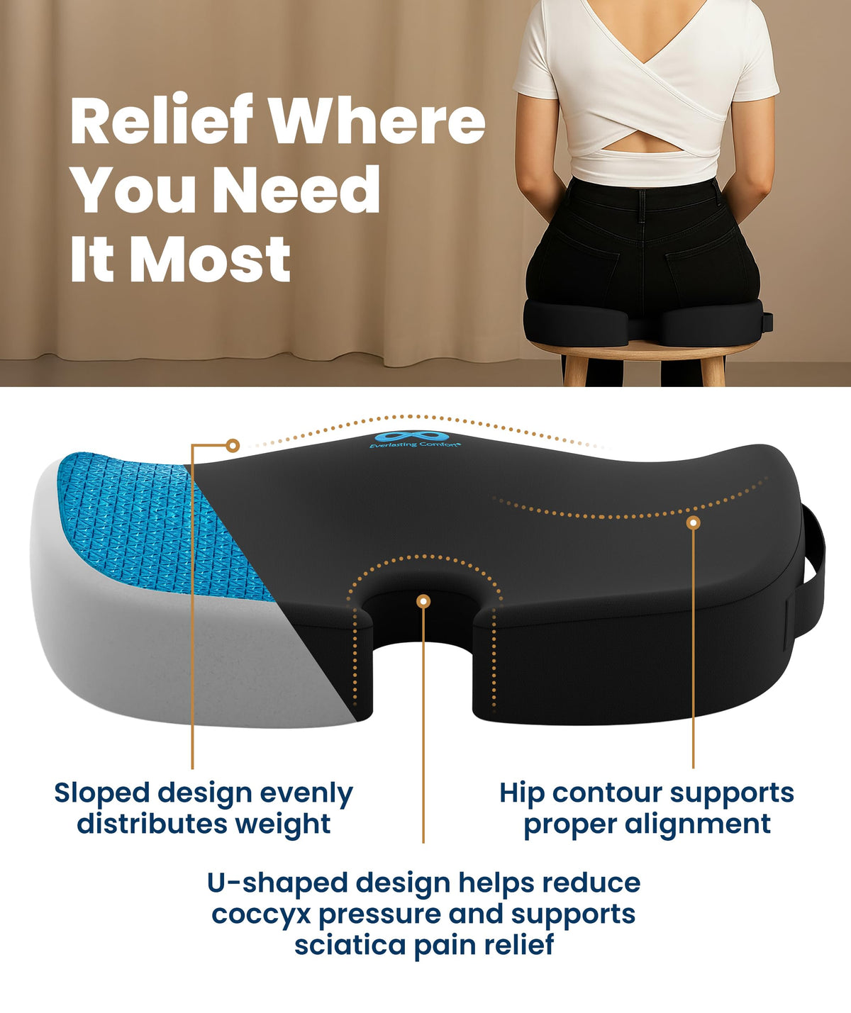 Everlasting Comfort Doctor Recommended Memory Foam Seat Cushion for Office Chairs & Car - Ergonomic Office Desk Accessories - Cushions for Tailbone Pain Relief, Sciatica (Black, Large)
