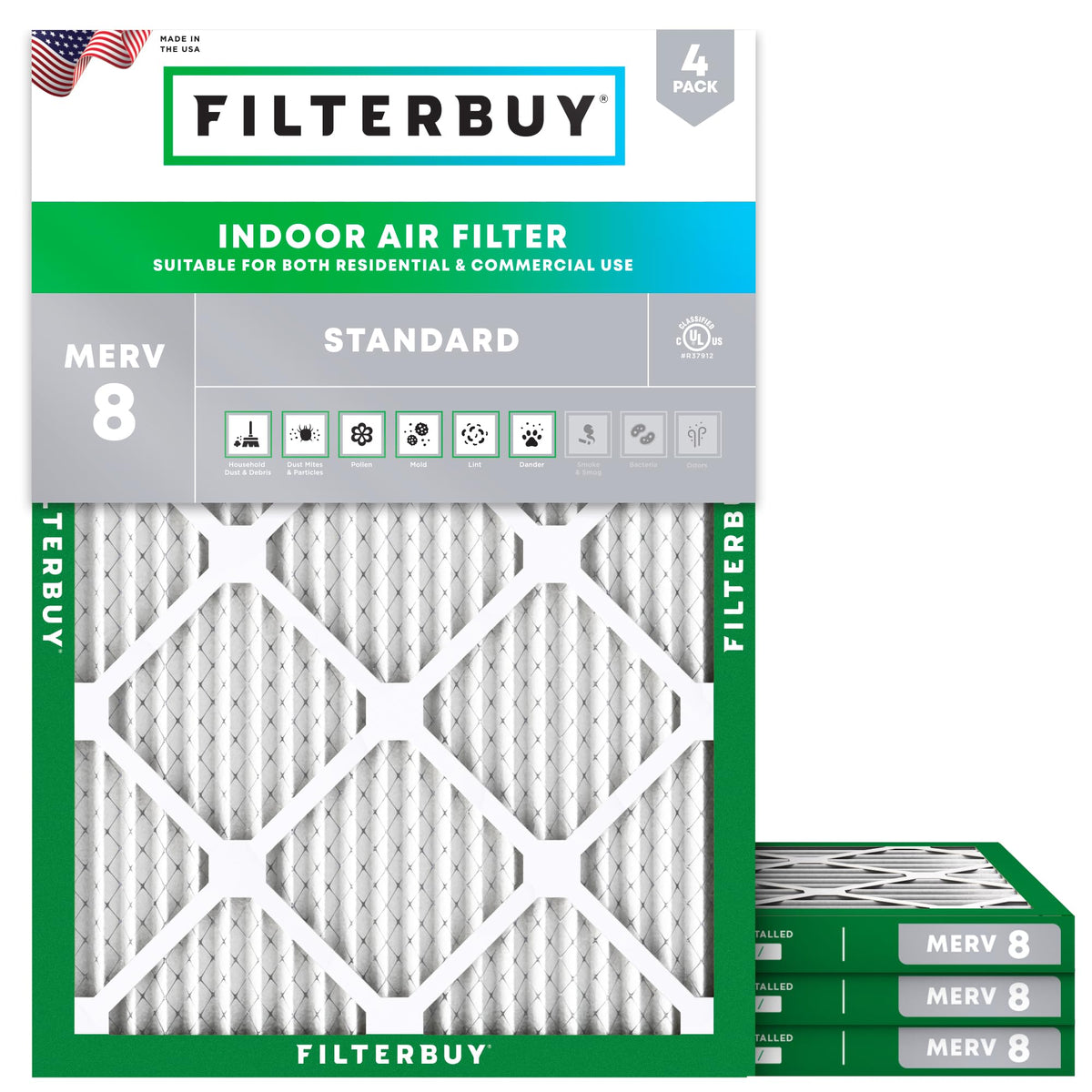 Filterbuy 20x20x1 Air Filter MERV 8 Dust & Allergy Defense (4-Pack)