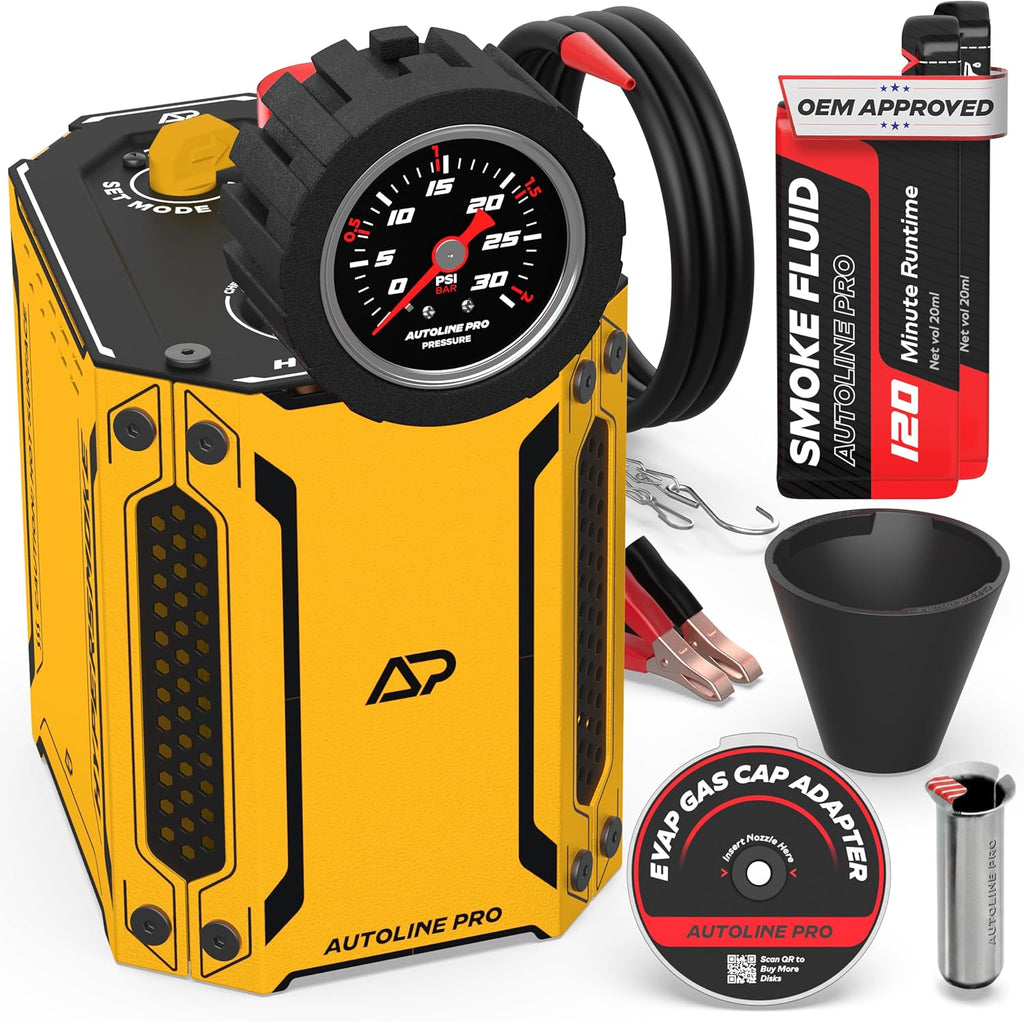 AutoLine Pro HyperSmoke™ Automotive Smoke Machine EVAP Vacuum Leak Tester | Pro Vers. w/Gauge | Adjustable Pressure - OEM Approved Smoke Fluid - Built-in Air Motor - Cone and EVAP Gas Cap Adapter
