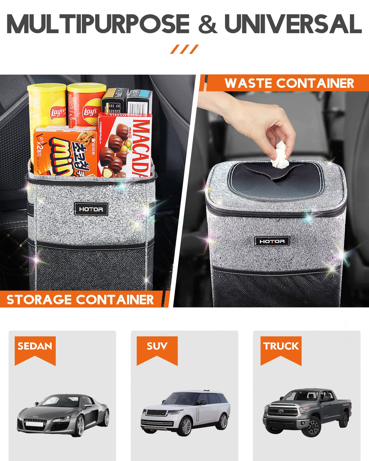 HOTOR Car Trash Can, Leakproof Car Organizer, 2-Gallon, Brown