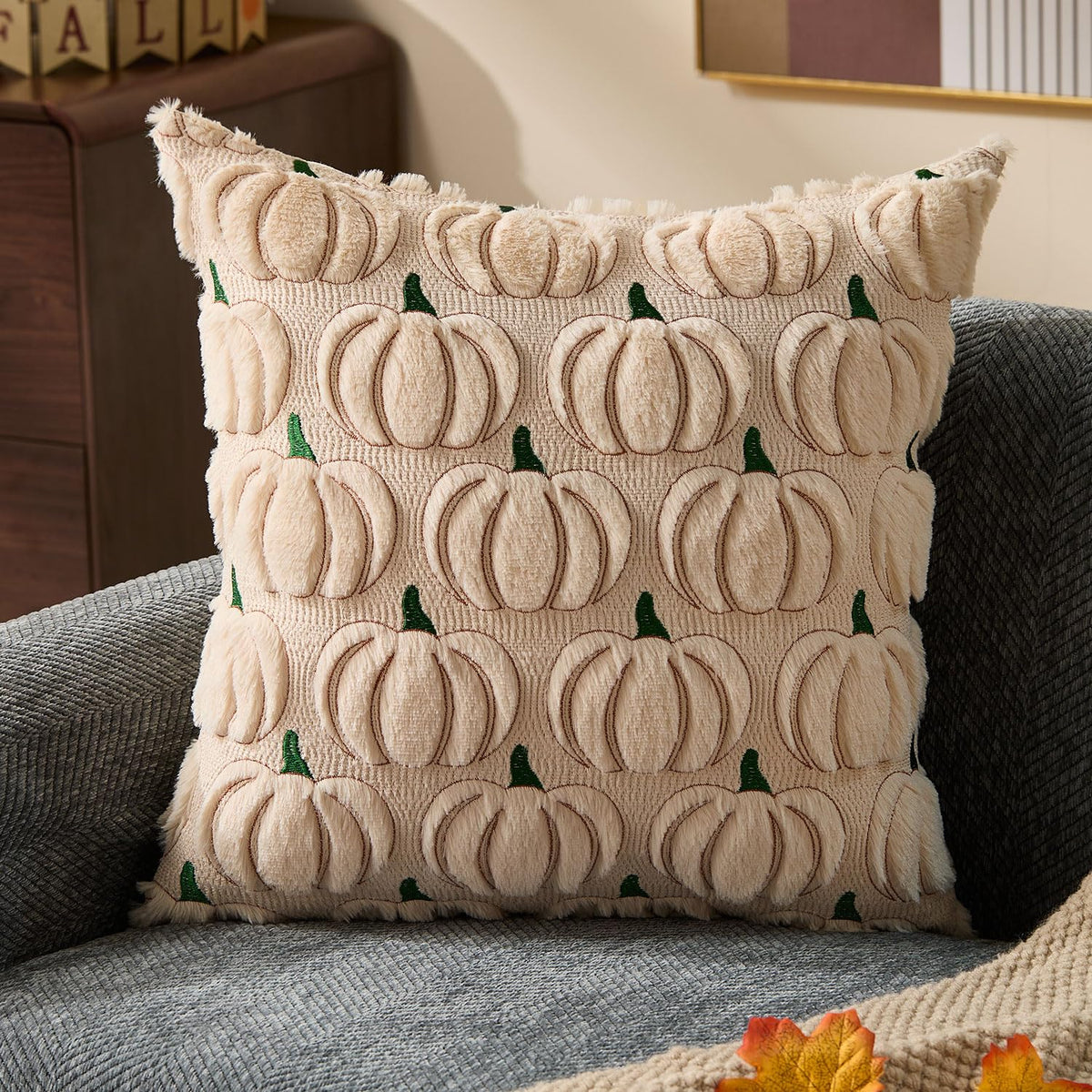 DFXSZ Fall Pillow Covers 18x18 2Pcs Beige Brown Pumpkin Fall Decorations