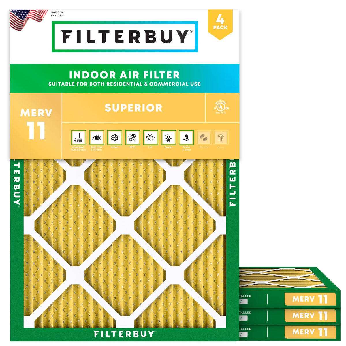 Filterbuy 20x20x1 Air Filter MERV 11 Pet & Allergy Defense (4-Pack)