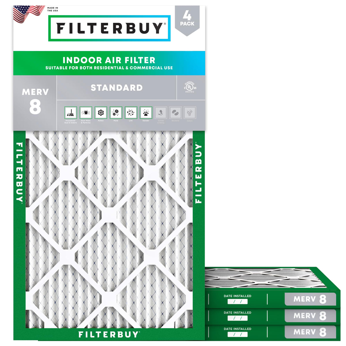 Filterbuy 20x20x1 Air Filter MERV 8 Dust & Allergy Defense (4-Pack)