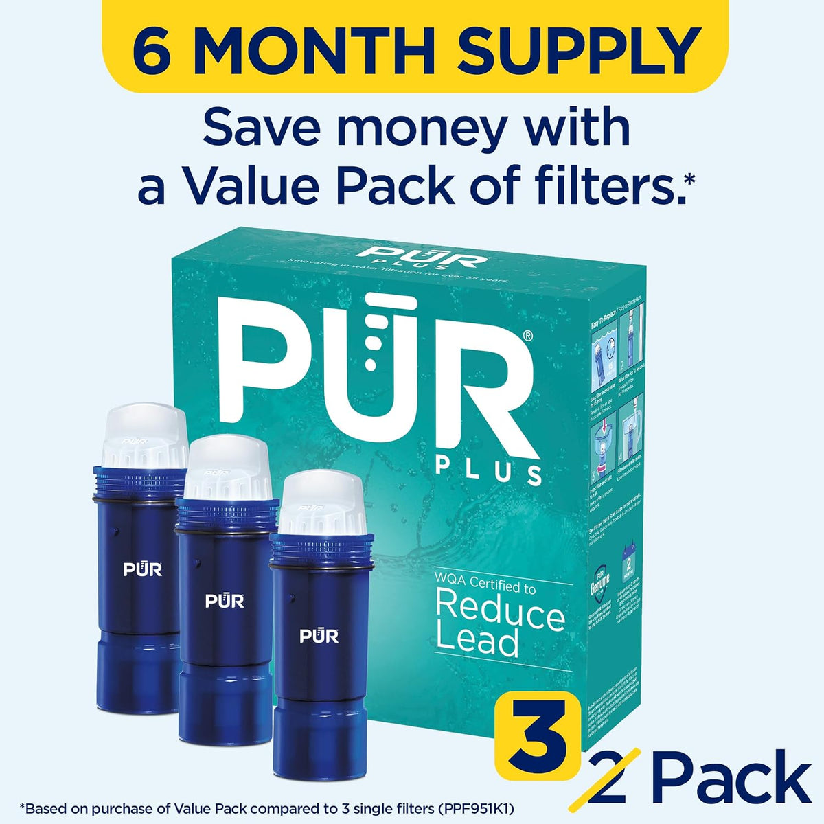 PUR PLUS Water Pitcher Replacement Filter with Lead Reduction (3 Pack), Blue – Compatible with all PUR Pitcher and Dispenser Filtration Systems