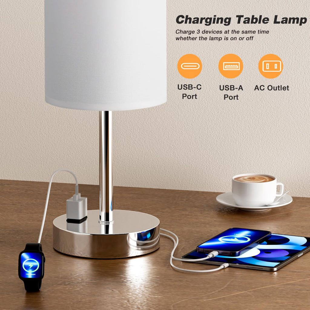 Fenmzee Bedside Table Lamp for Bedroom - Dimmable Touch, USB A+C, AC Outlet