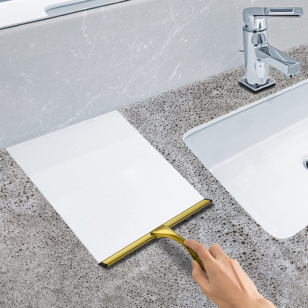 All-Purpose Stainless Steel Shower Squeegee for Shower Glass Door with 2 Adhesive Hooks, Bathroom Cleaner Tool Household Window Mirror Squeegee for Glass Doors, Cleaning Tile Wall, Car, 14 Inch Silver