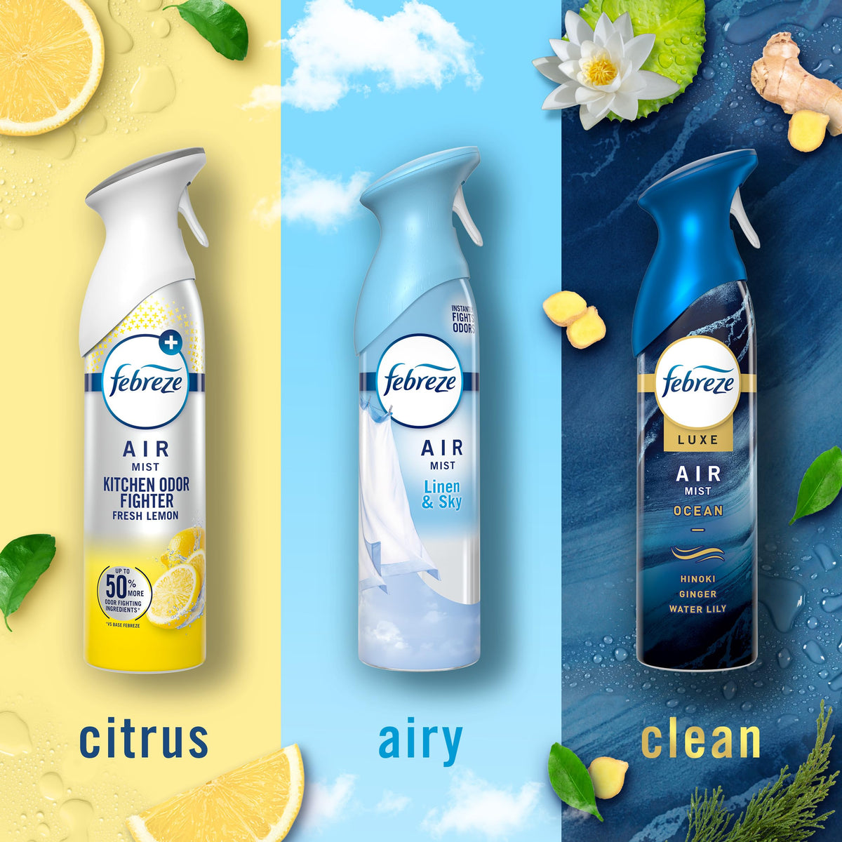 Febreze Air Mist, Air Freshener, Odor Fighting Room Spray, Deodorizer for Home Bathroom Kitchen Office Apartment, Soothe & Restore, Refresh & Energize, Romance & Desire Variety Pack, 8.1oz (Pack of 3)