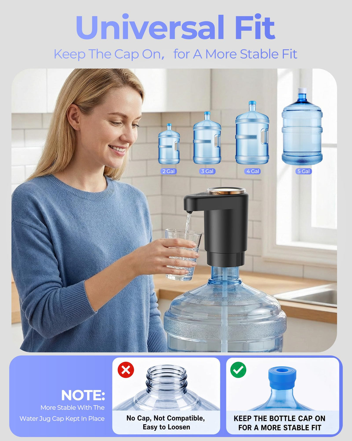 Water Jug Pump for 5 Gallon Bottle – Portable Electric USB-C Charging Dispenser, Dual Powerful Motors, Fast Flow, Fits 2-5 Gallon Jugs – Ideal for Home, Office, Camping, RV, Black