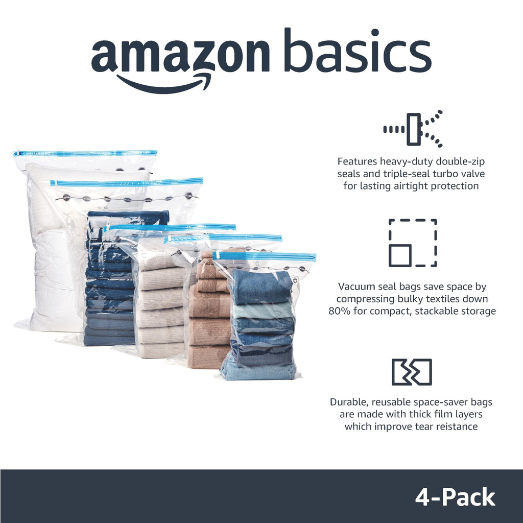Amazon Basics Vacuum Storage Bags for Clothes, Space Saving Compression Storage Bags with Hand Pump, Heavy Duty, Stackable, Jumbo Size, Clear, 6-Pack