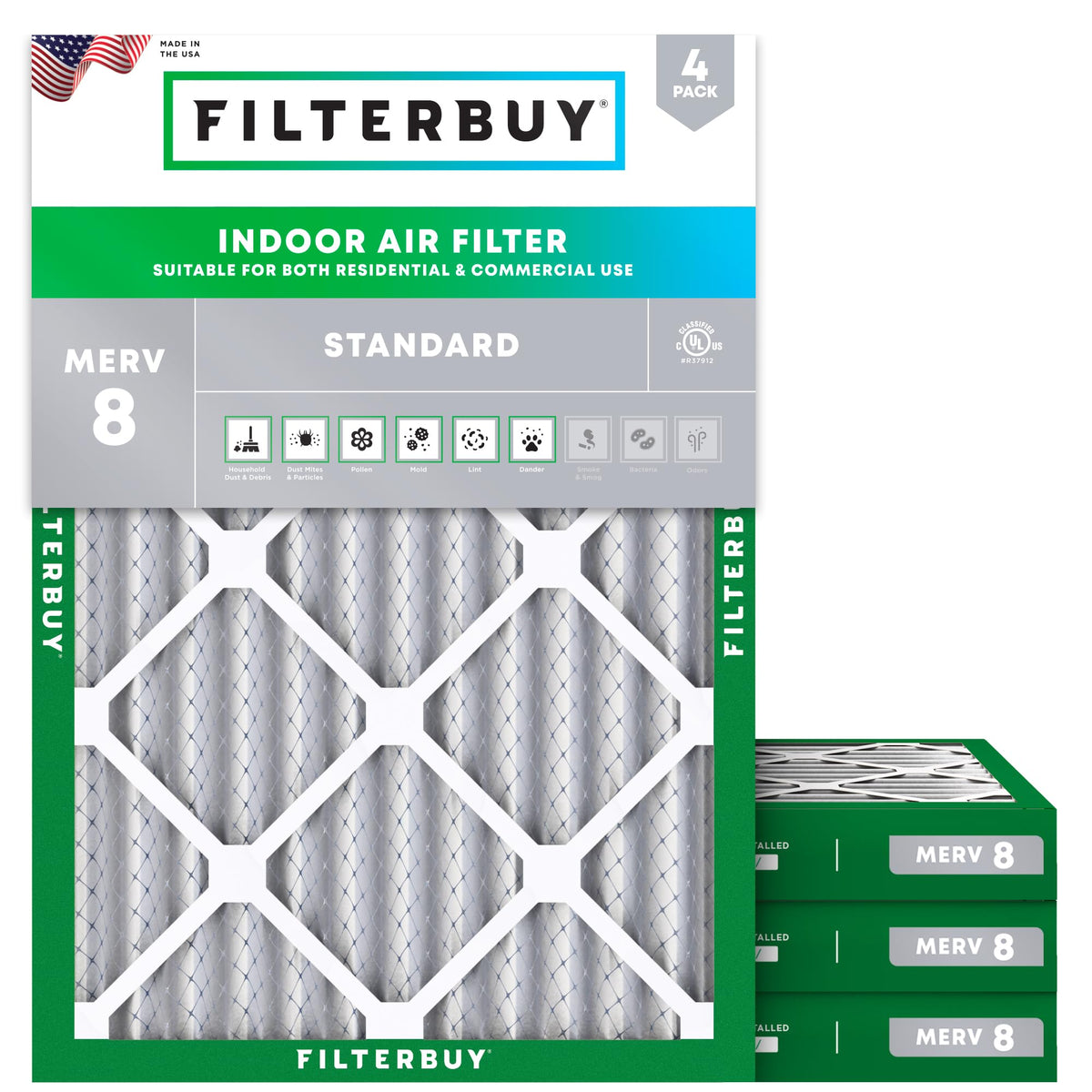 Filterbuy 20x20x1 Air Filter MERV 8 Dust & Allergy Defense (4-Pack)