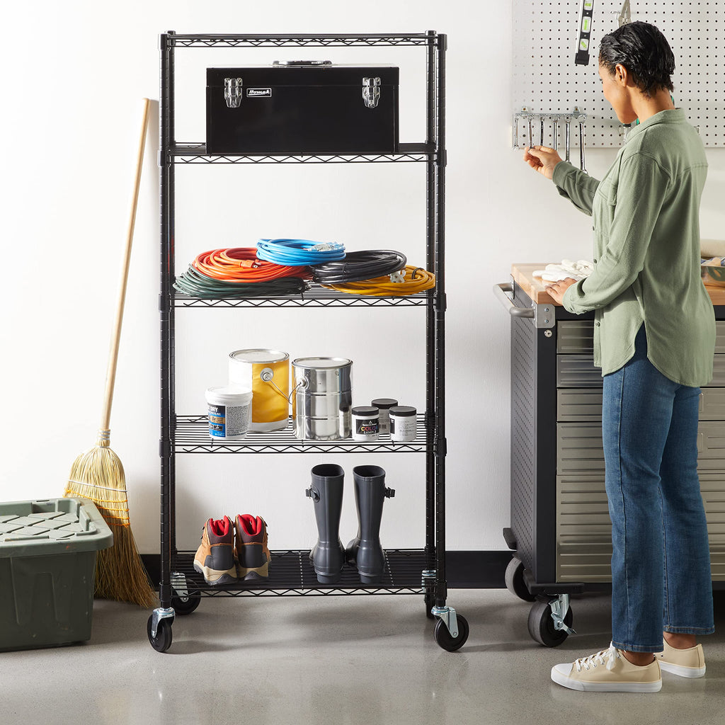 Amazon Basics 5-Shelf Tower Adjustable Storage Shelving Unit, Chrome, 16" x 16" x 54", 150 lbs Per Shelf