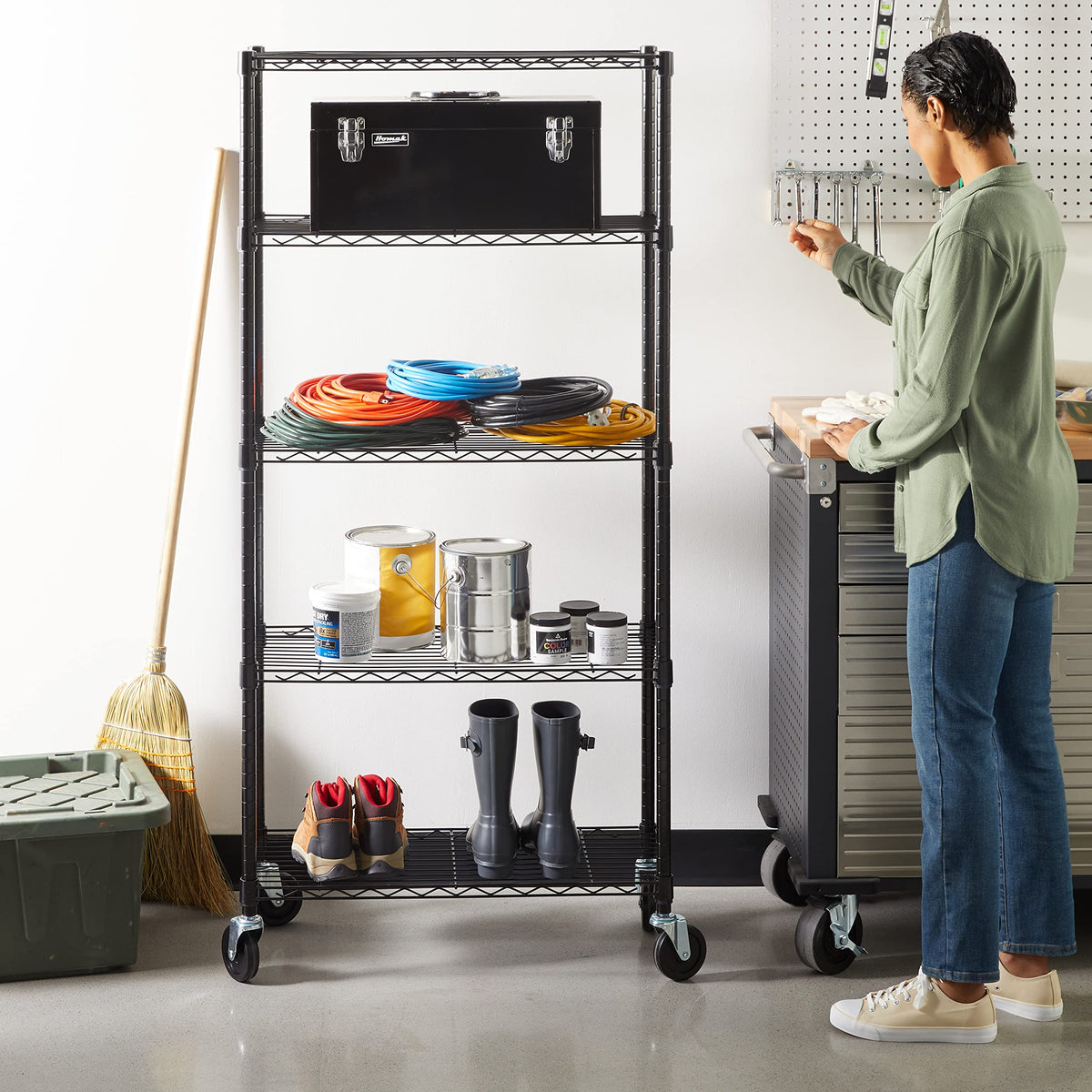Amazon Basics 5-Shelf Tower Adjustable Storage Shelving Unit, Chrome, 16" x 16" x 54", 150 lbs Per Shelf