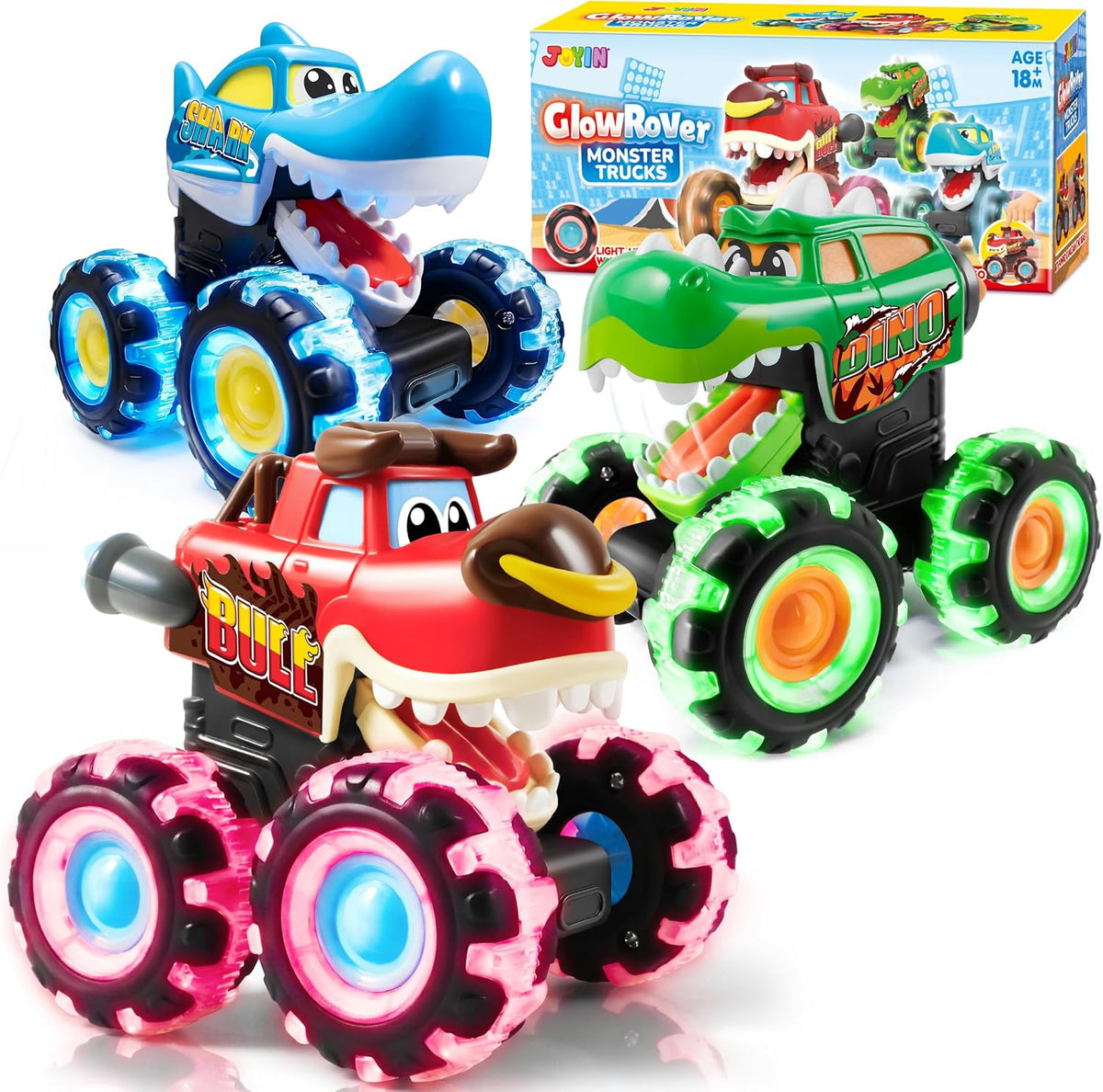 JOYIN 3 Pack Monster Truck Toy, Light Up Cars Press and Go Dinosaur Trucks