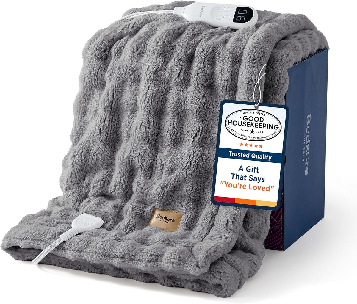 Bedsure Cloud Bubble Grey Heated Blanket Throw, Soft Cozy Electric Blanket