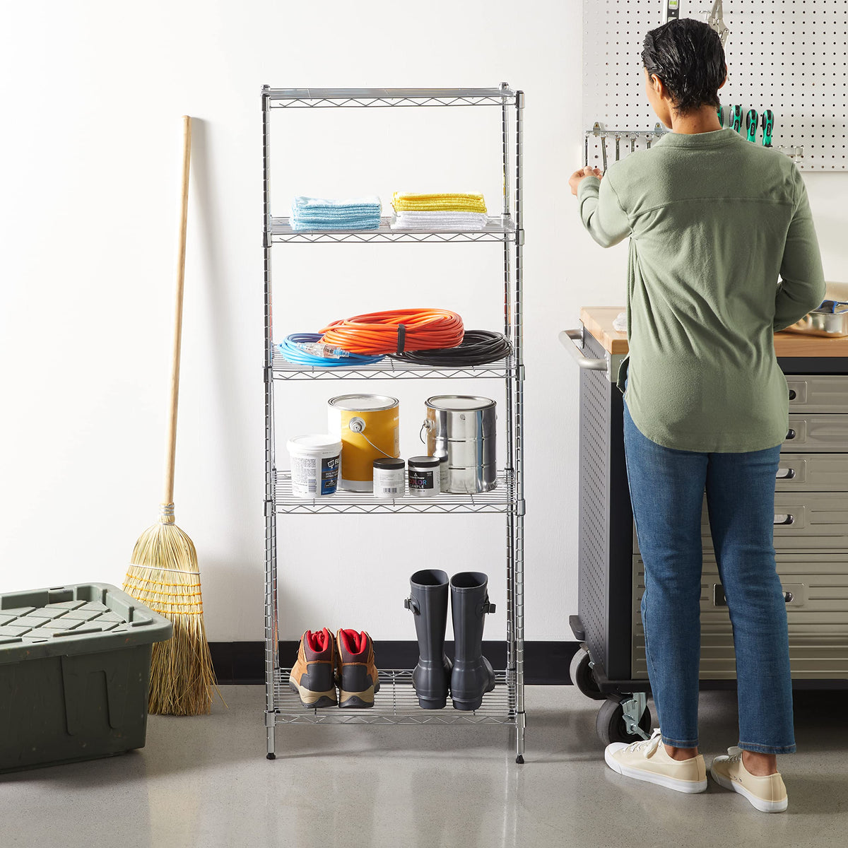 Amazon Basics 5-Shelf Tower Adjustable Storage Shelving Unit, Chrome, 16" x 16" x 54", 150 lbs Per Shelf