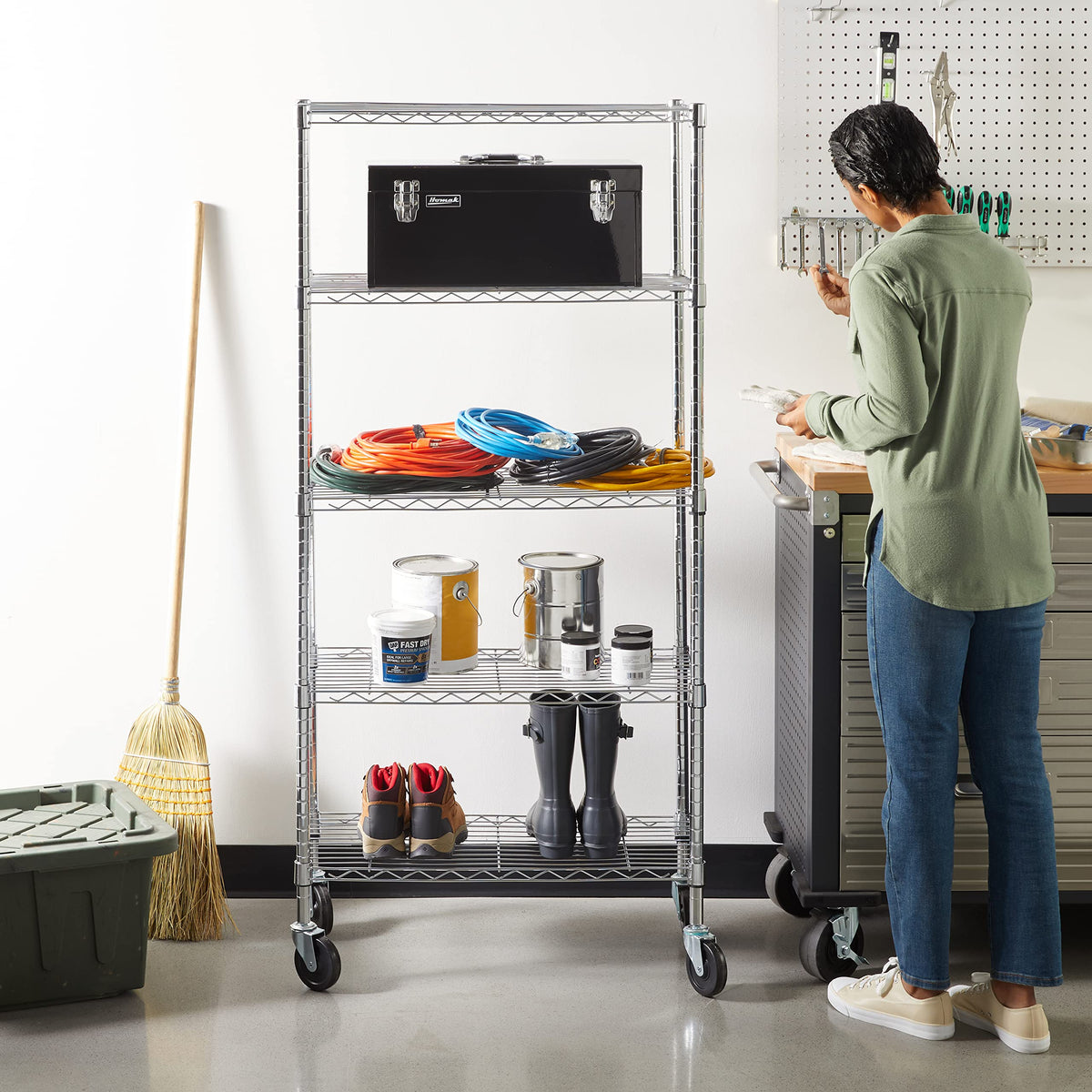 Amazon Basics 5-Shelf Tower Adjustable Storage Shelving Unit, Chrome, 16" x 16" x 54", 150 lbs Per Shelf