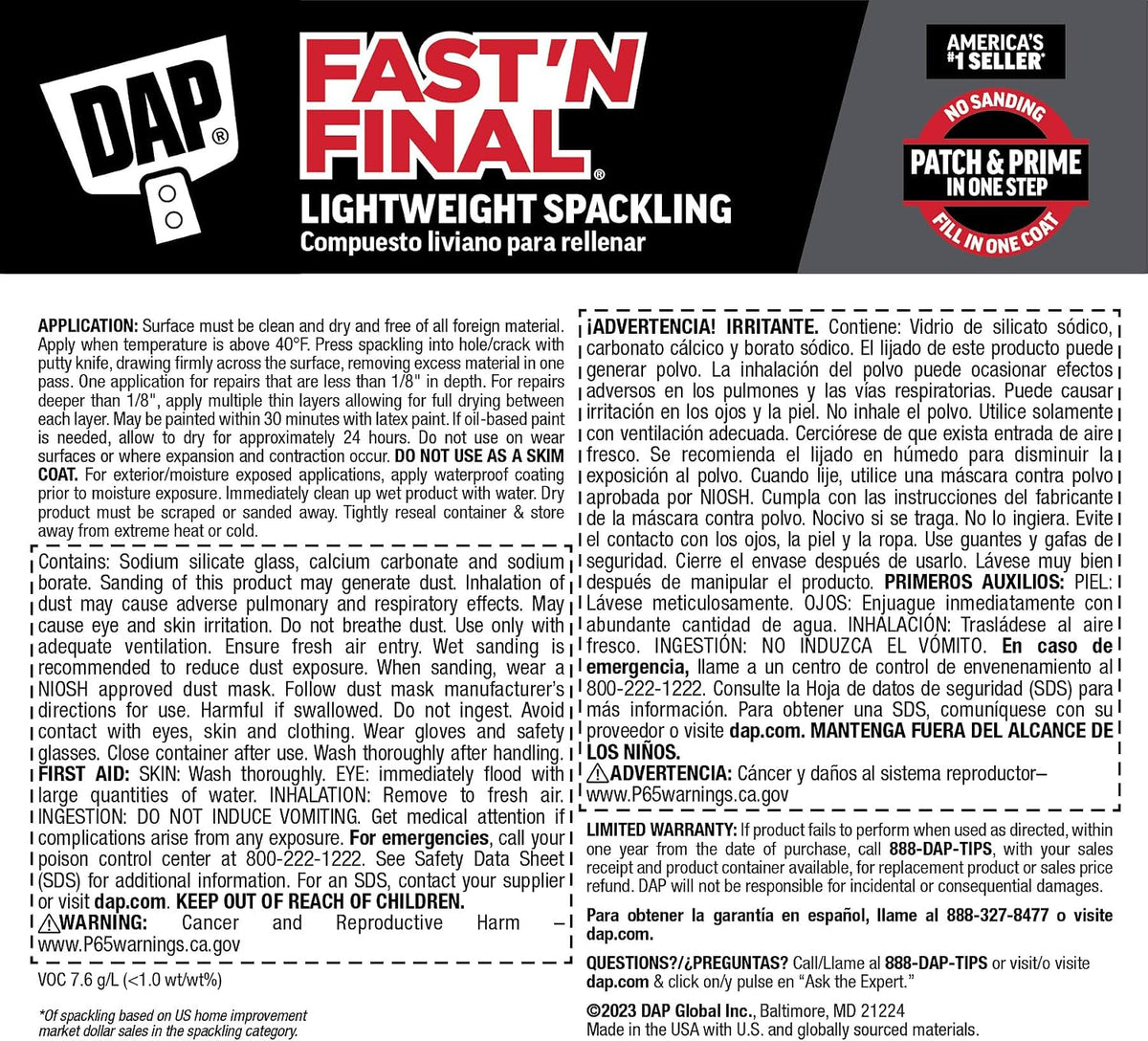 DAP Fast 'N Final Lightweight Spackling, White, 8 Oz (7079812140)
