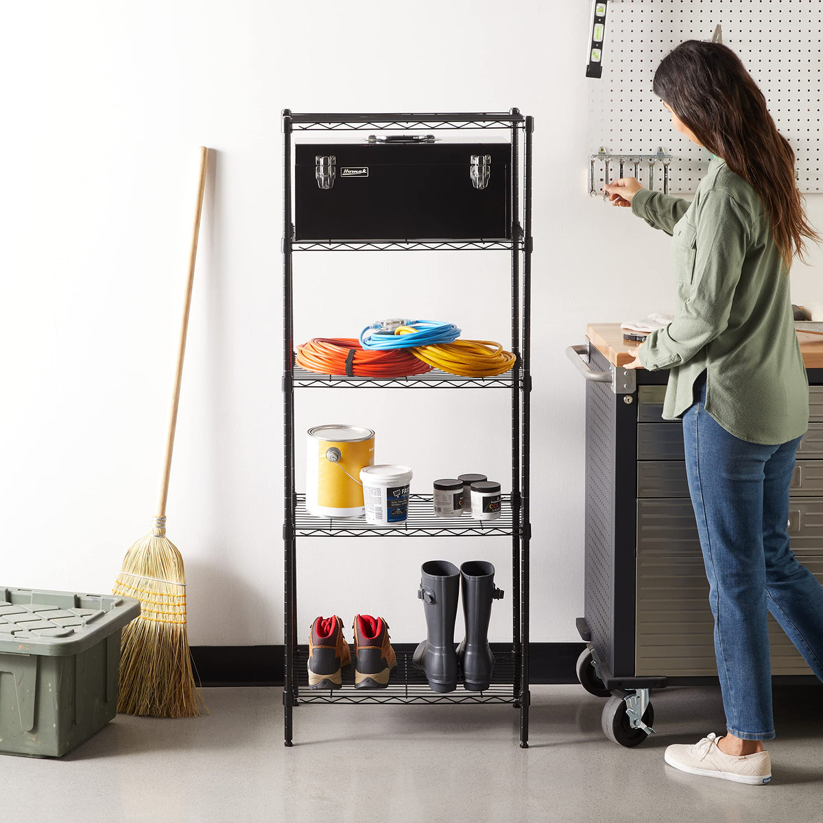 Amazon Basics 5-Shelf Tower Adjustable Storage Shelving Unit, Chrome, 16" x 16" x 54", 150 lbs Per Shelf