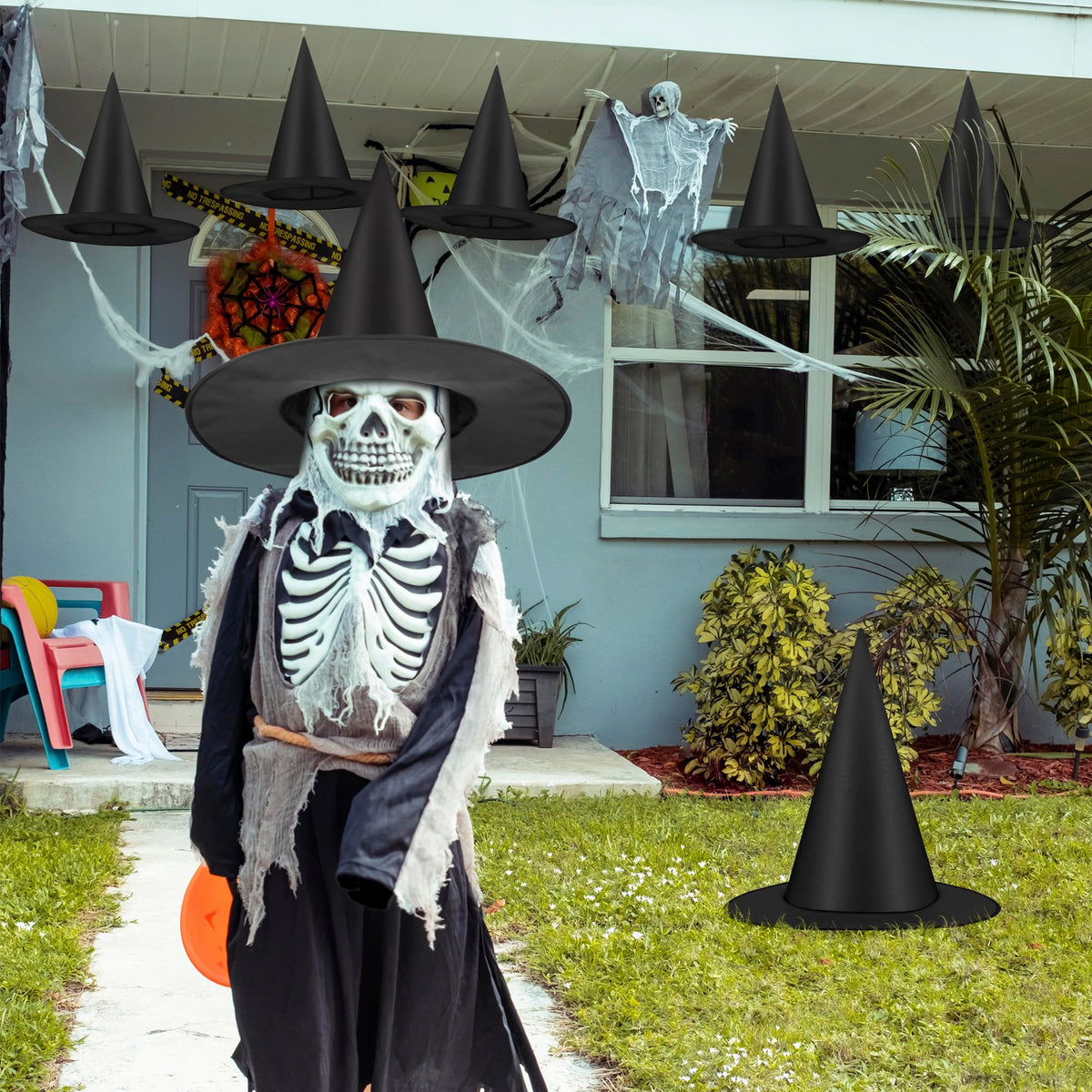 24 PCS Halloween Witch Hat with Nylon Ropes for Halloween Yard Decor