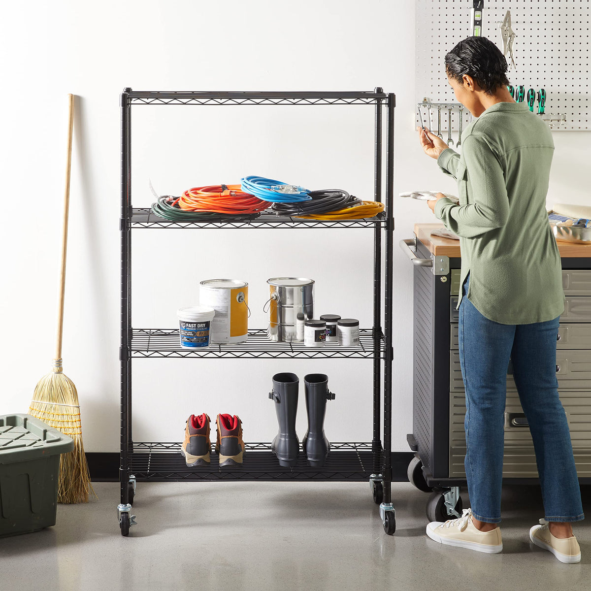 Amazon Basics 5-Shelf Tower Adjustable Storage Shelving Unit, Chrome, 16" x 16" x 54", 150 lbs Per Shelf