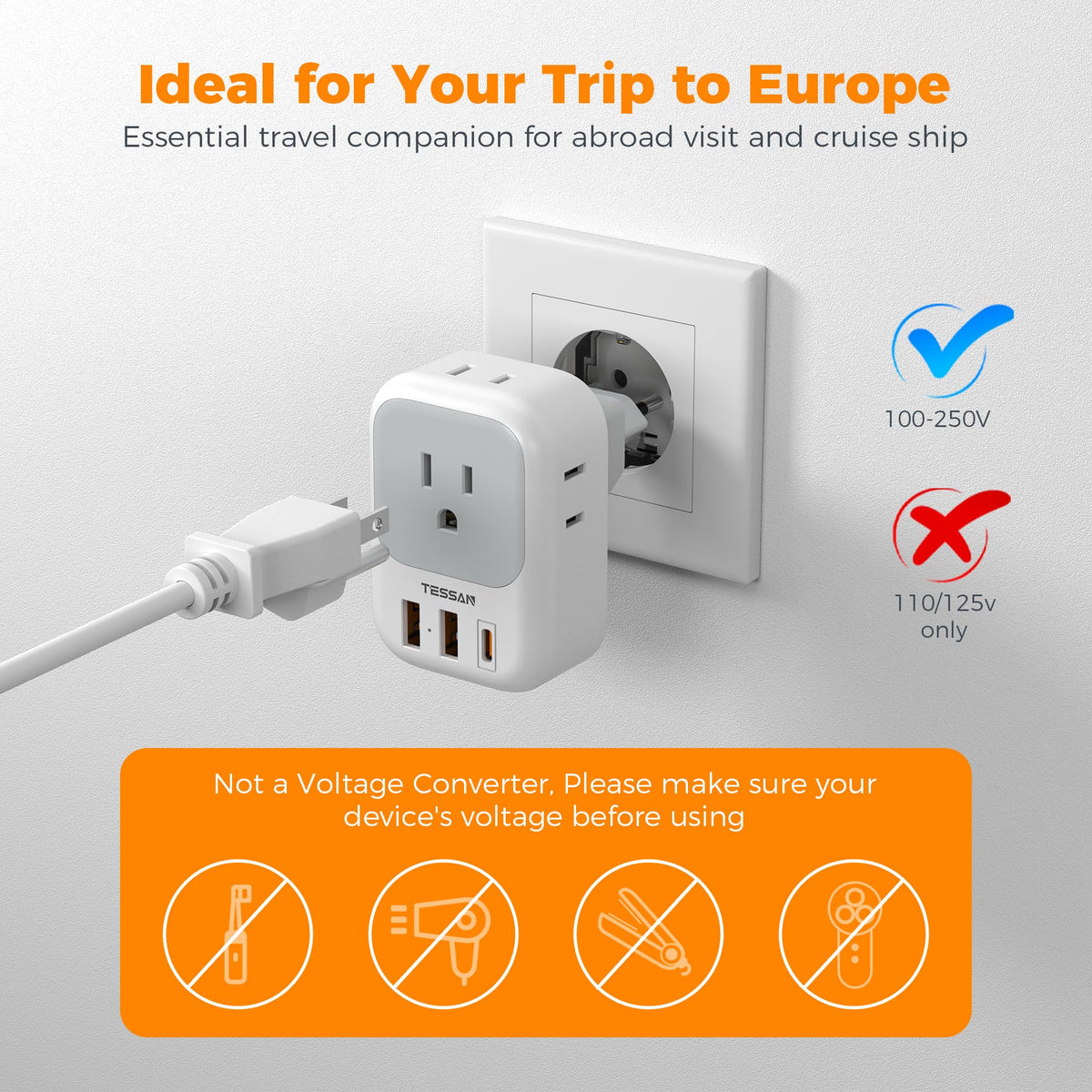TESSAN European Travel Plug Adapter 2 Pack, Type C Plug