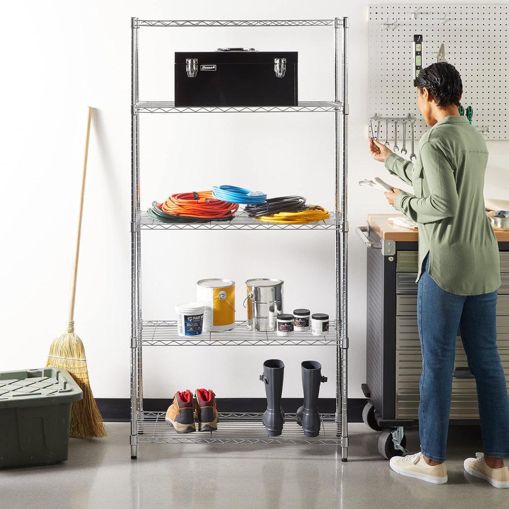 Amazon Basics 5-Shelf Tower Adjustable Storage Shelving Unit, Chrome, 16" x 16" x 54", 150 lbs Per Shelf